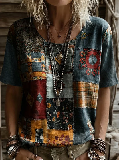 Cardydony Women's Vintage Tribal Floral Pattern Short Sleeved T-shirt