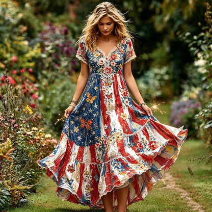 Cardydony Women's American Anniversary Flag Art Cotton Linen Short Sleeve Dress