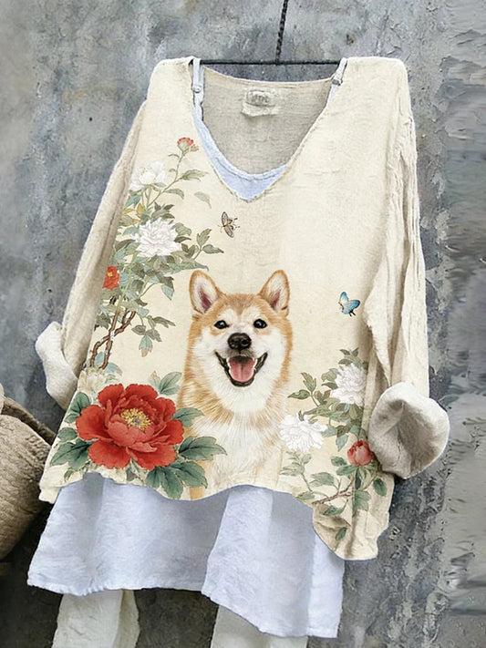Cardydony Women's Cute Shiba Inu With Floral Ink Art V-neck Linen Blend T-shirt