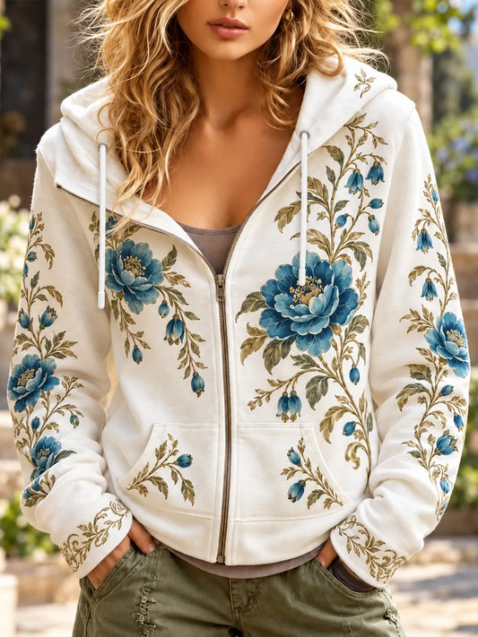 Cardydony Women's Off-white Blue Peony Floral Zip Hoodie