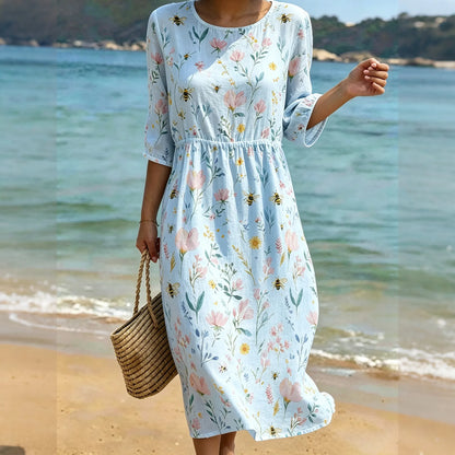 Cardydony Women's Vintage Bohemian Floral Bees Print Round-neck Mid-sleeve Linen Dress