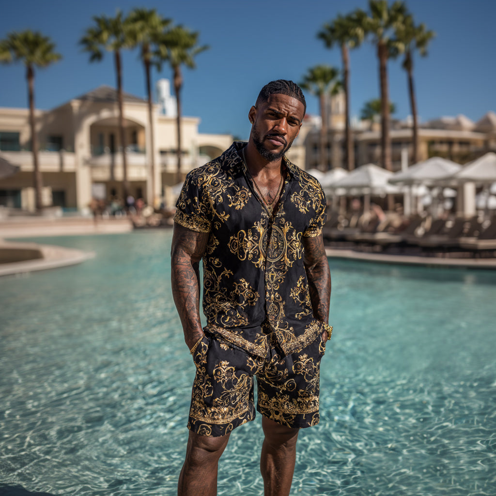 Cardydony Men's Fashion Baroque Pattern Cuban Shirt And Shorts Two-piece Set