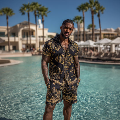 Cardydony Men's Fashion Baroque Pattern Cuban Shirt And Shorts Two-piece Set