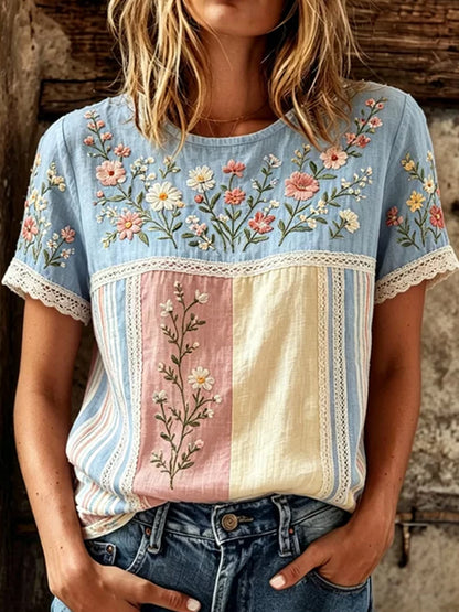 Cardydony Women's Retro Floral Art Embroidered Patchwork Linen Blend Short Sleeve Top
