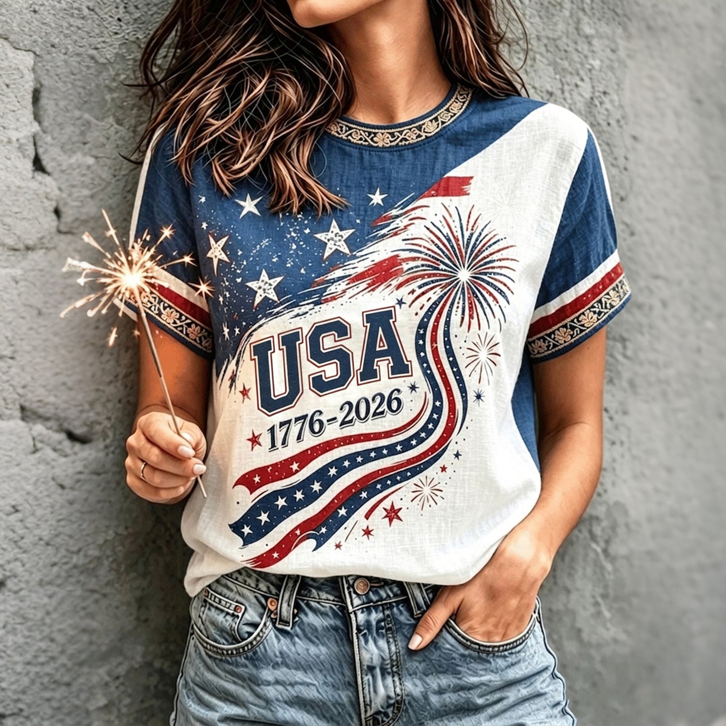 CardydonyWomen's Retro Independence Day Flag Art Crew Neck Linen Blend T-shirt