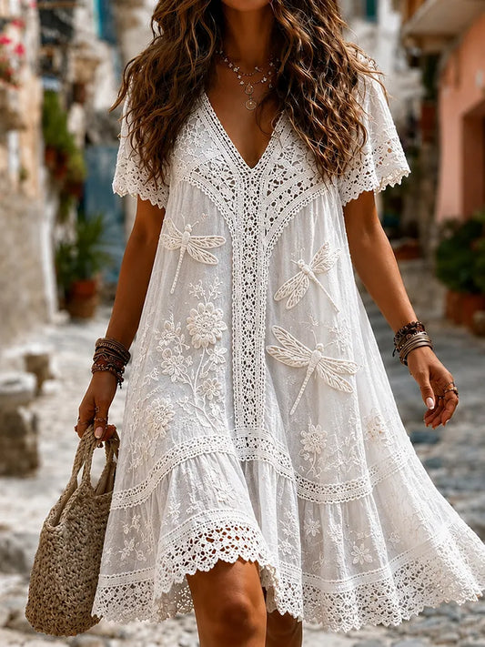 Cardydony Women's Retro Hippie Floral And Dragonfly Pattern Art Embroidered Linen Blend Maxi Dress