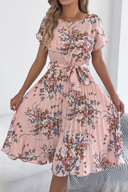 Cardydony Women's Floral Print Round Neck Fitted Waist Tie Pleated Midi Dress