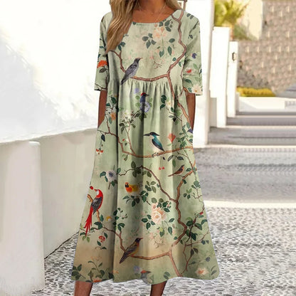 Cardydony Japanese Floral And Bird Art Print Round Neck Loose Midi Dress