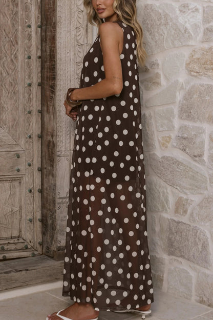 Cardydony Women's  Polka Dot Print Loose Round Neck Sleeveless Mesh Casual Maxi Dress