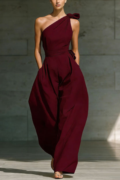 Cardydony Women's Solid Color Sleeveless One-shoulder Fitted Waist Casual Pocket Loose Wide-leg Jumpsuit