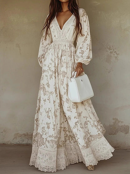 Cardydony Women's Long Sleeve Printed Lace Maxi Dress