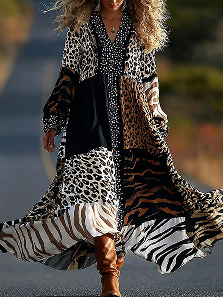 Cardydony Retro Leopard And Animal Patchwork Art Linen Blend Loose Maxi Dress