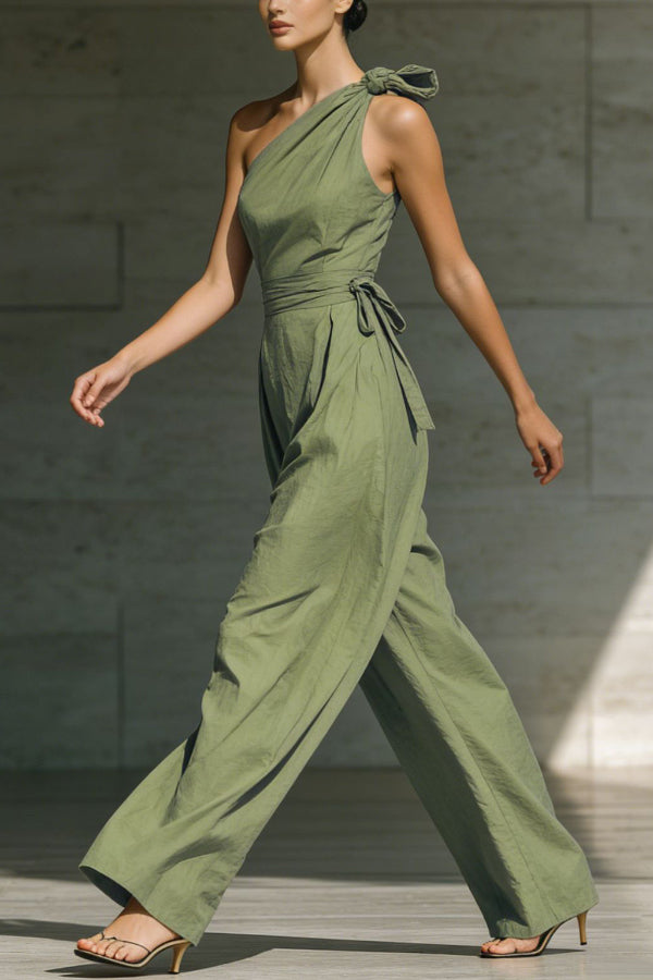 Cardydony Women's Solid Color Sleeveless One-shoulder Fitted Waist Casual Pocket Loose Wide-leg Jumpsuit