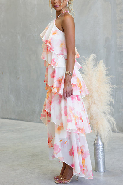 Cardydony Women's Poetic Eden Chiffon Floral Print Tiered Ruffles Halter A-line Maxi Dress
