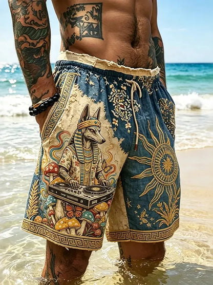 Cardydony Men's Retro Print Color Block Hippie Print Shorts