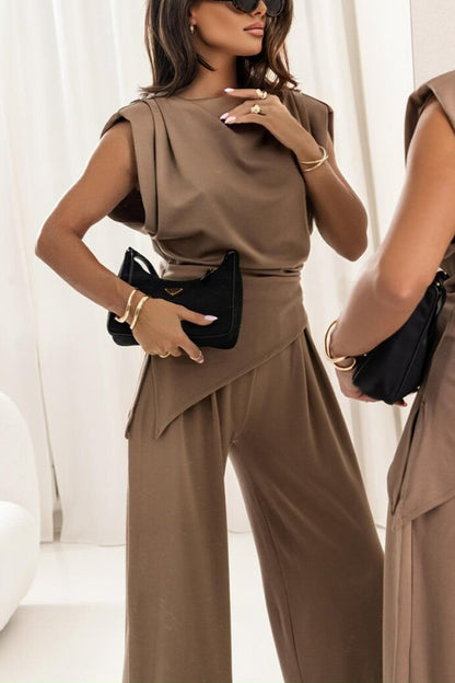Cardydony Women's Jordy Ruched Shoulder Slit Top and Elastic Waist Pocketed Wide Leg Pants Set