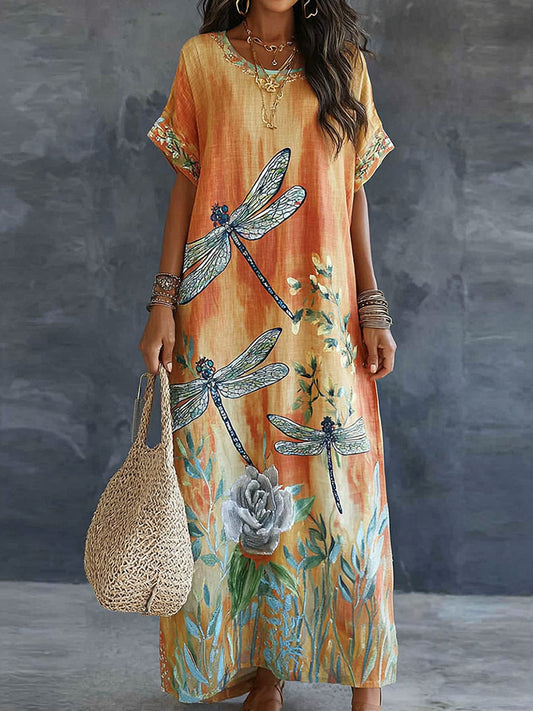 Cardydony Retro Dragonfly And Floral Pattern Linen Maxi Dress