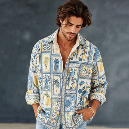 Cardydony Men's Vintage Summer Sicilian Lemon Tile And Birds Art Print Flowy Linen Blend Casual Shirt
