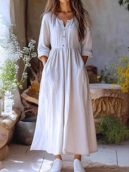 Cardydony Women's Solid Color Buttons Linen Blend Maxi Dress