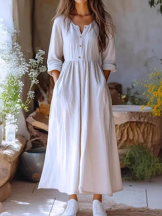 Cardydony Women's Solid Color Buttons Linen Blend Maxi Dress