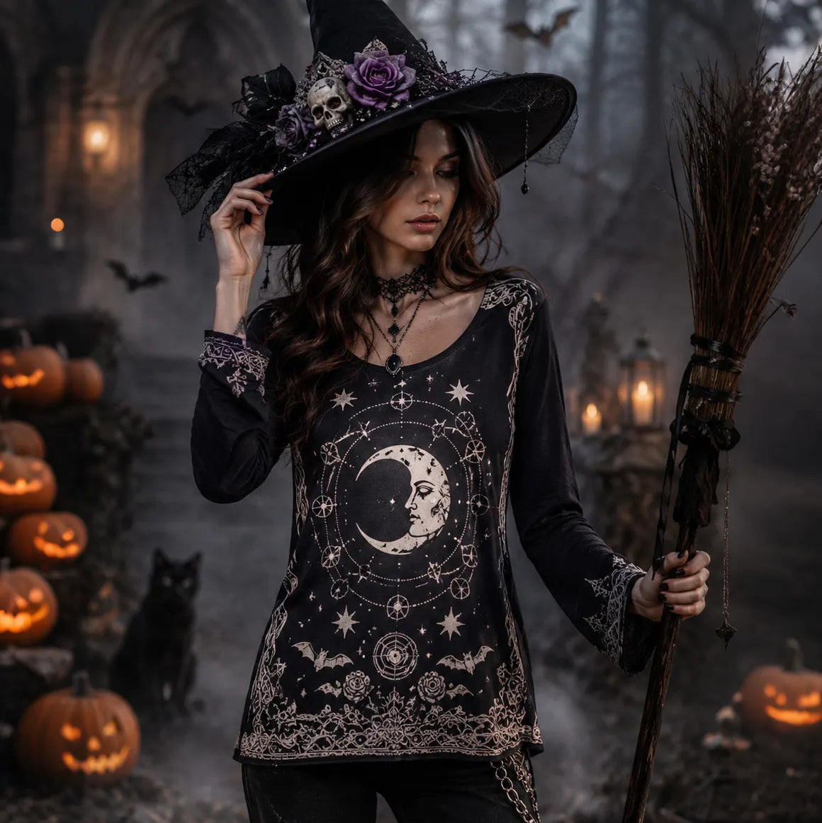 Cardydony Women's Halloween Moon Bat Casual T-shirt