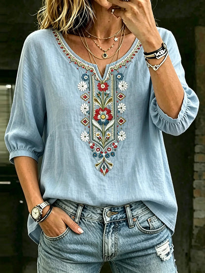 Cardydony Women's Ethnic Floral Retro Mid-sleeve Cotton Linen Top
