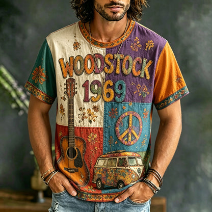 Cardydony Men's Casual Color Block Music Letter Retro Hippie Crew Neck T-shirt