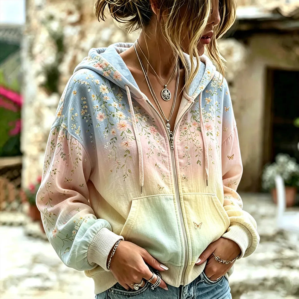 Cardydony Women's Vintage Pink Small Floral Art Print Gradient Zip-up Hoodie