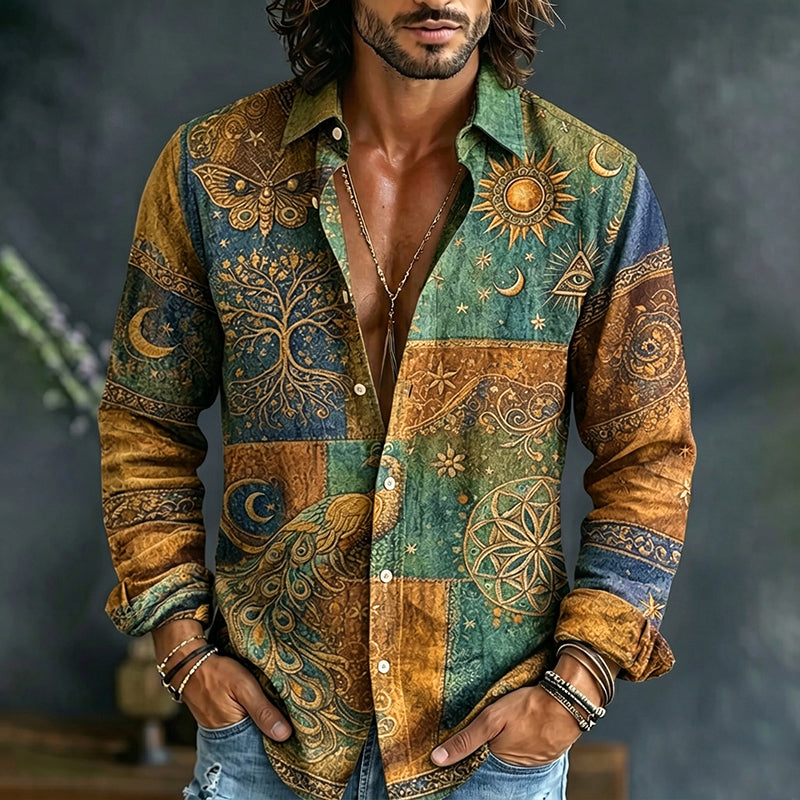 Cardydony Men's Mystical Hippie Style Peacock Sun And Moon Art Print Long Sleeve Shirt