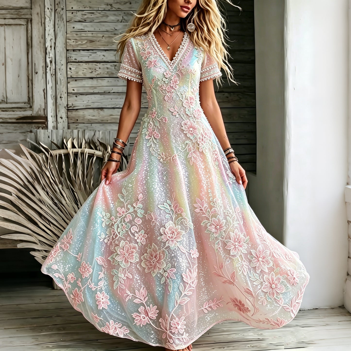 Cardydony Women's Floral In Macarons Colorful Art Embroidered Linen Blend V Neck Maxi Dress