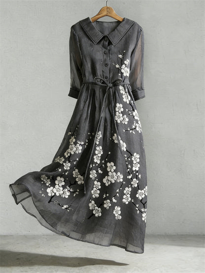 Cardydony Plum Blossom Japanese Lino Art Flowy Maxi Dress
