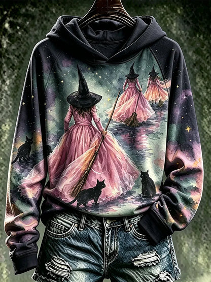 Cardydony Women's Pink Halloween Black Cat Witch Print Hoodie