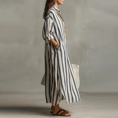 Cardydony Women's Casual Striped Cotton Linen Maxi Shirt Dress