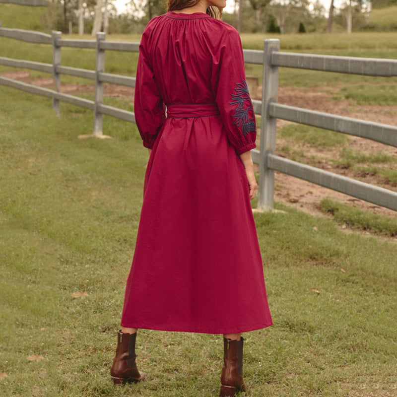 Cardydony Vintage Belted Embroidered Cotton Dress