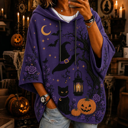 Cardydony Women's Halloween Black Cat Art Print Casual Hoodie