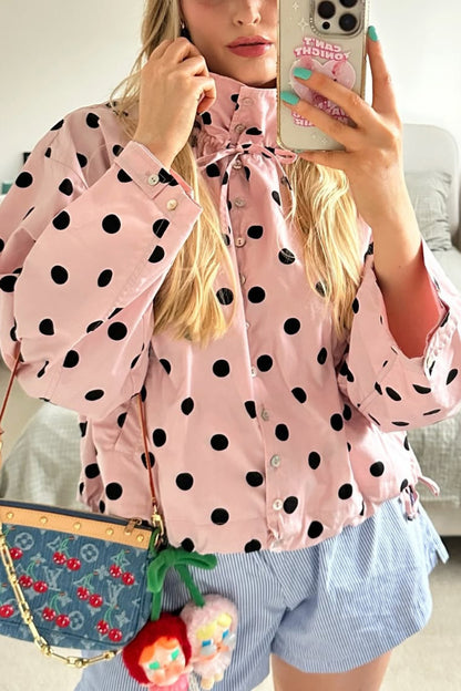 Cardydony Women's  Polka Dot Print Loose Stand Collar Button Bow Tie Casual Long-sleeved Jacket