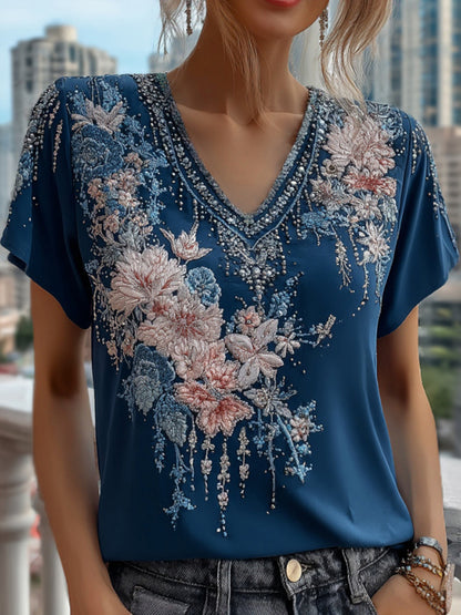 Cardydony Women's Retro Floral Art Embroidery V-neck Short-sleeve T-shirt