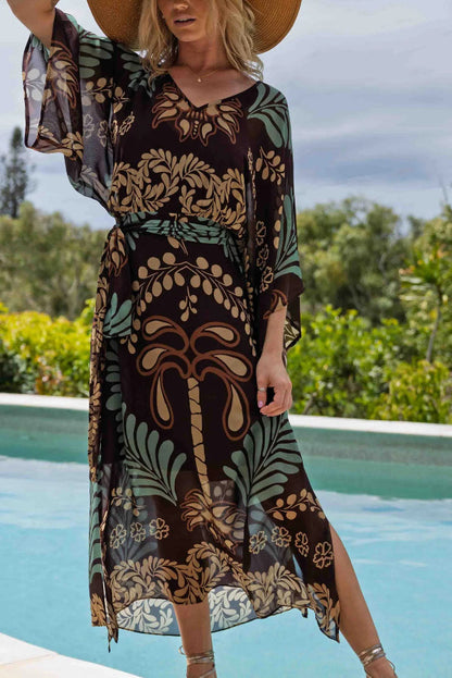Cardydony Women's Bohemian Style Unique Printed Chiffon Loose-fitting Belted Maxi Dress