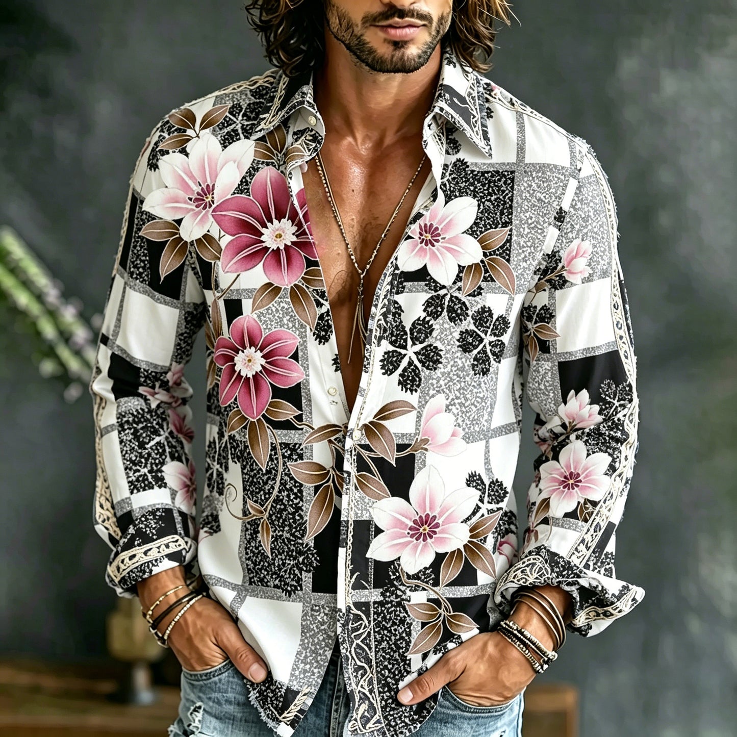 Cardydony Retro Floral Plaid Patchwork Print Long-sleeved Shirt