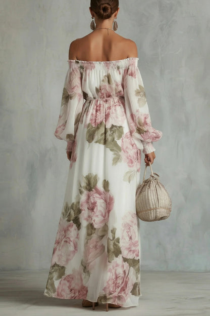 Cardydony Women's Floral Print Off-Shoulder Long-Sleeve Elastic Waist-Defining Maxi Dress