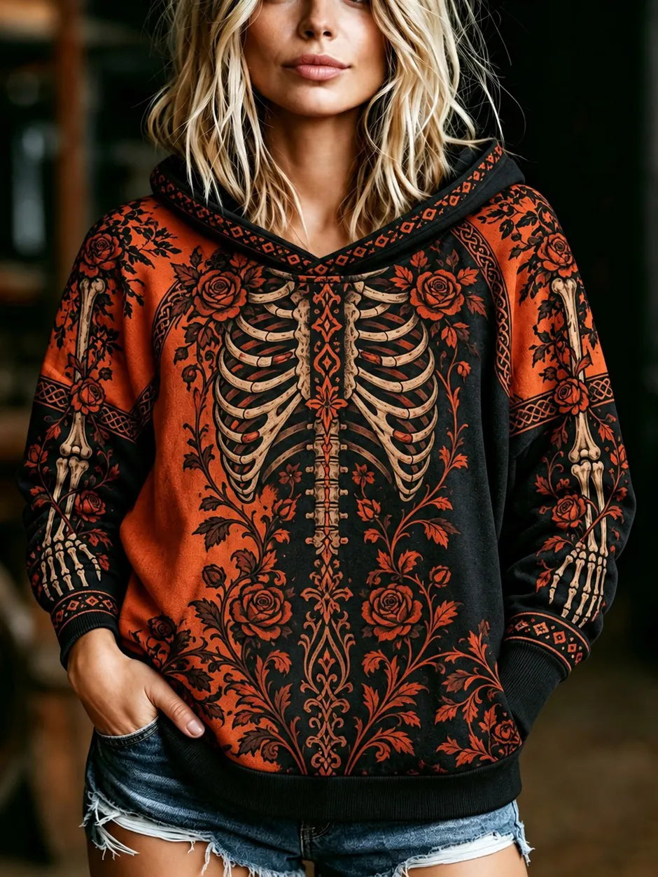Cardydony Women's Halloween Human Skeleton And Rose Floral Pattern Casual Warm Hoodie