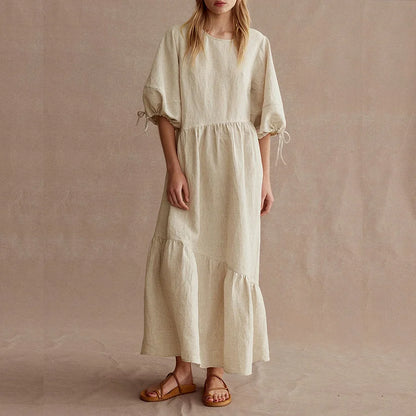 Cardydony Round Collar Pleated Design Casual Linen Dress