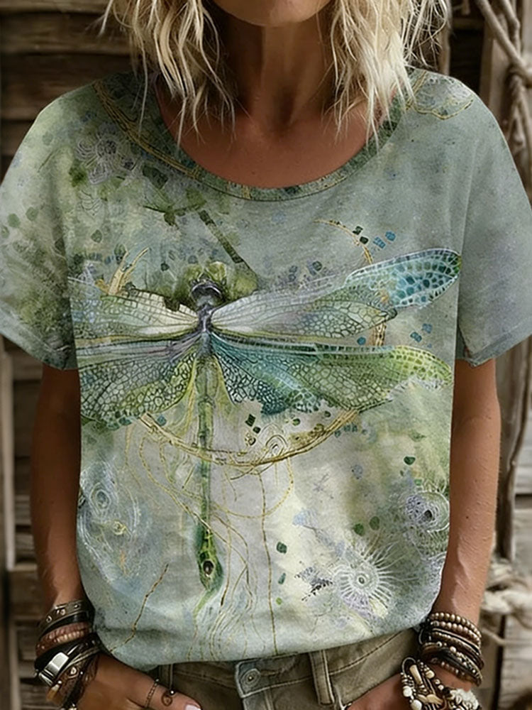 Cardydony Women's Vintage Dragonfly Art Print Flowy Short Sleeve Tshirt