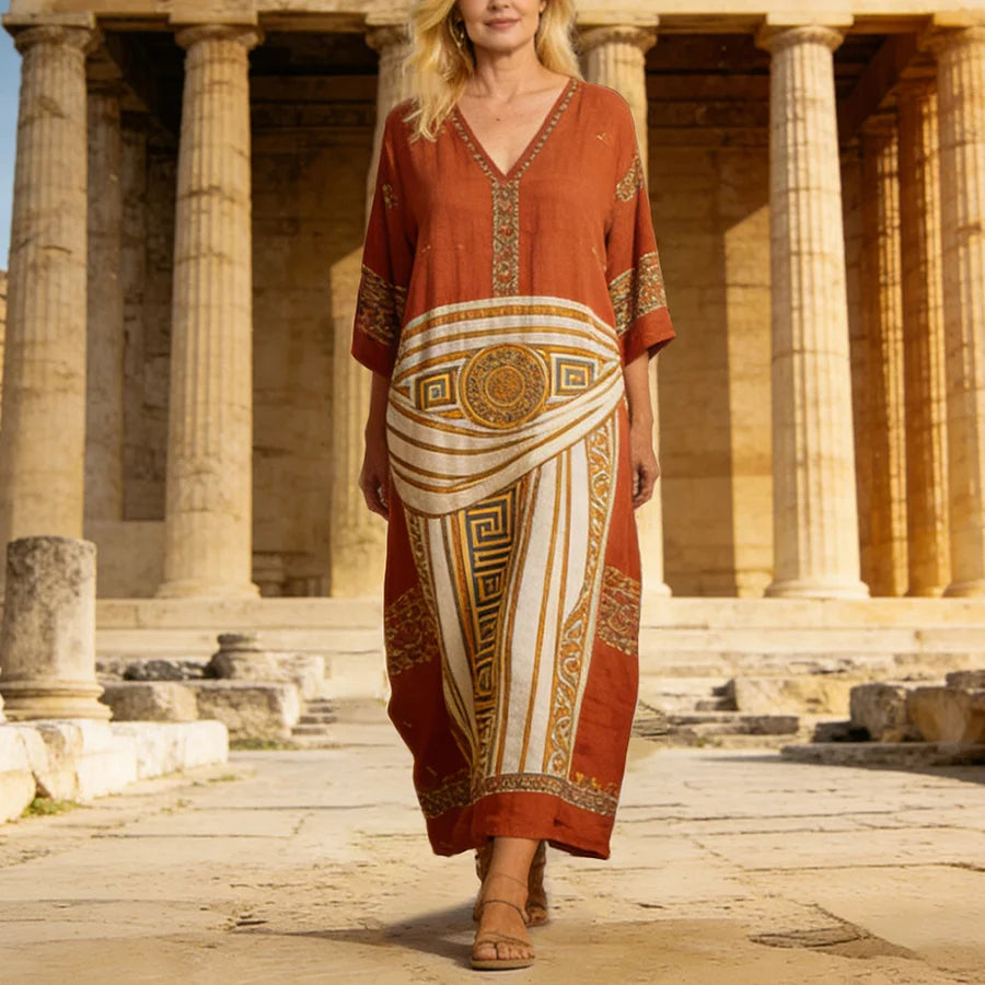 Cardydony Vintage Greek Pattern Women's Linen V-neck Maxi Dress