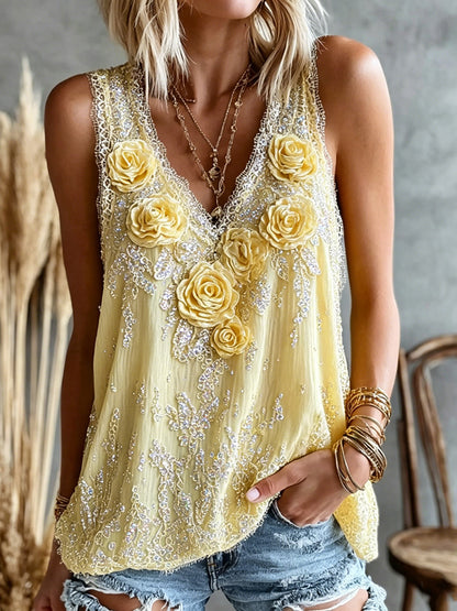 Cardydony Women's Vintage Yellow Floral Art Casual Sleeveless Linen Blend Top