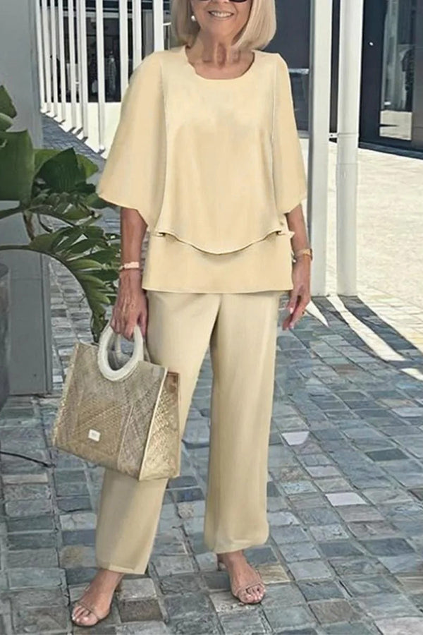 Cardydony Women's Fashion Round Neck Half Sleeve Loose Top and Elastic Waist Casual Straight Pants Set