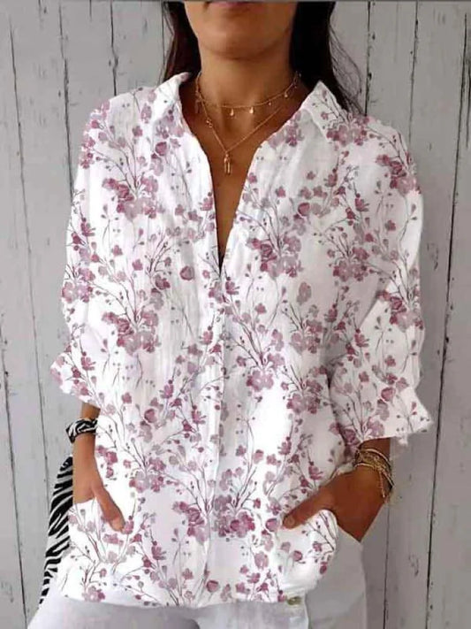 Cardydony Women's Watercolor Small Floral Print Casual Linen Shirt