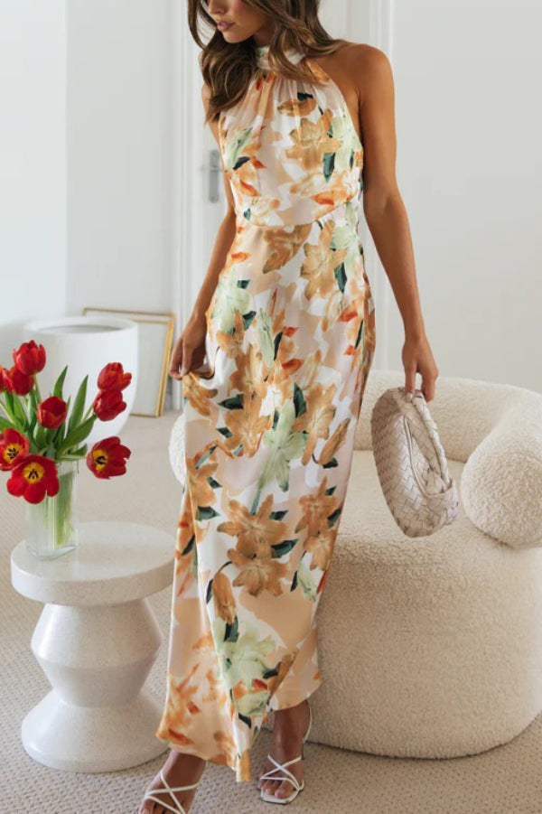 Cardydony Women's Floral Print Sleeveless Halter Neck Tie Holiday Maxi Dress