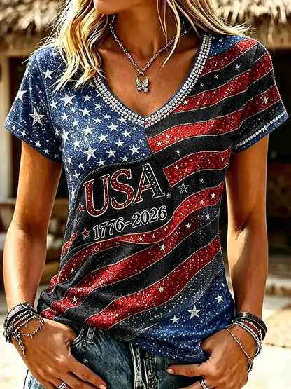 Cardydony Women's Independence Day Printed V Neck Casual Tops