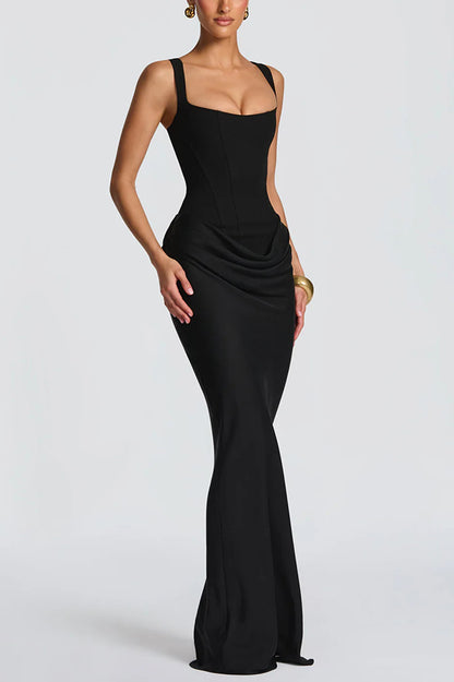 Cardydony Women's Larrah Square Neck Back Lace-up Satin Drape Hem Maxi Dress